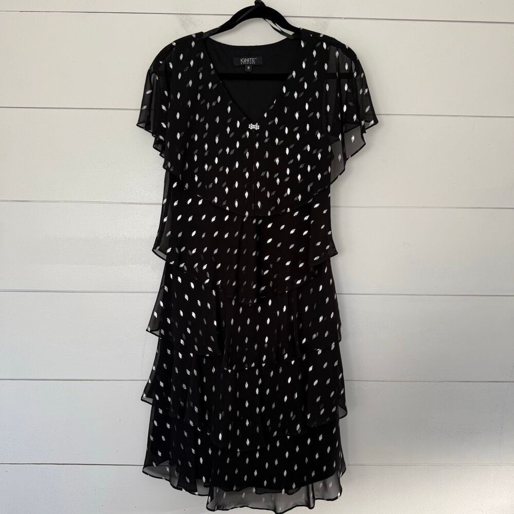 Ignite Evenings Women’s 8 Black Polka Dot Ruffle Tiered Dress